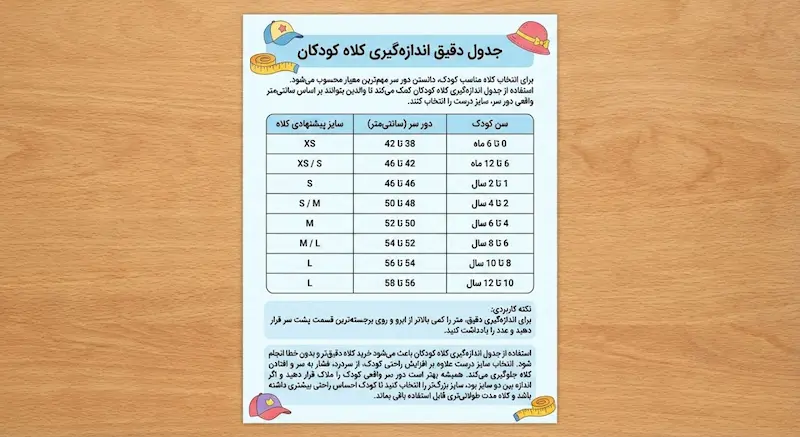 جدول دقیق اندازه گیری کلاه کودکان