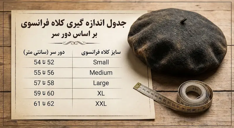 جدول اندازه گیری کلاه فرانسوی بر اساس دور سر