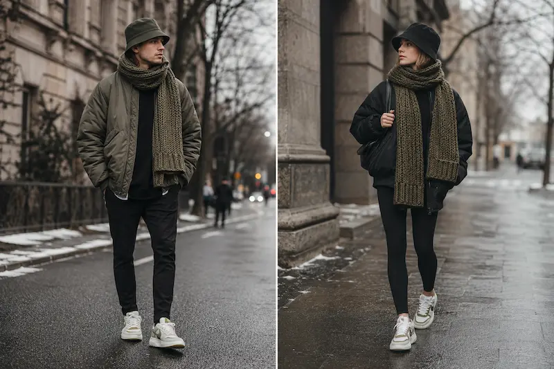 استایل خیابانی ترند (Bucket Hat + شال ضخیم - اورسایز)