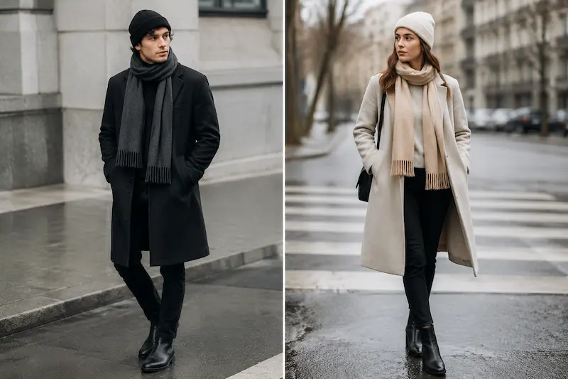 استایل مینیمال شهری (Beanie + شال ساده تک_رنگ)