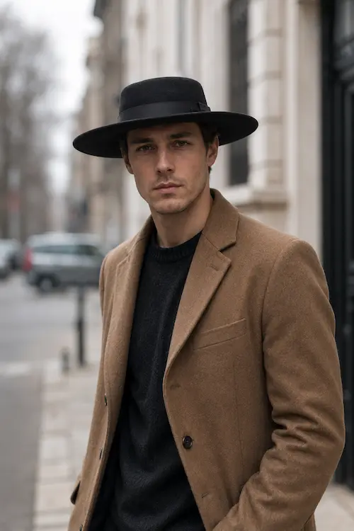 کلاه لبه دار پهن (Wide Brim Hat) با تاج کم ارتفاع برای صورت کشیده مردانه
